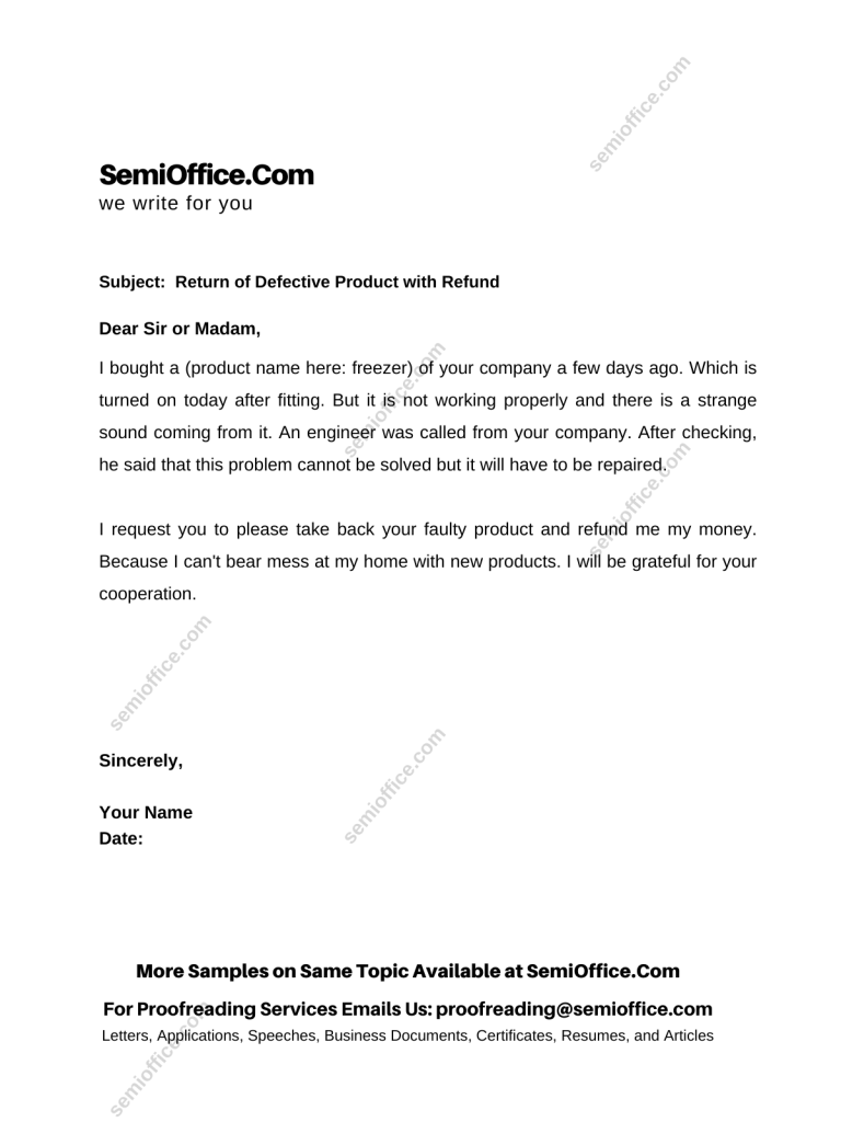 Sample Letter to Return a Defective Product to Seller or Company