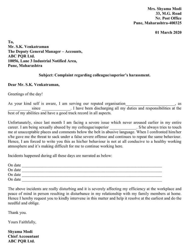 Workplace Harassment Complaint Letter Sexual Harassment